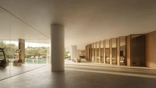 Academia envidraçada com colunas e acesso à piscina, Três Figueiras, Porto Alegre