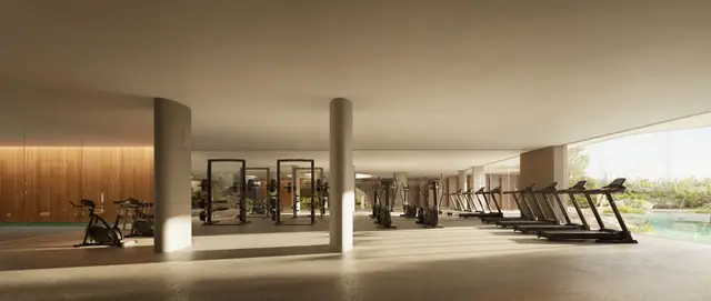 Academia com equipamentos, colunas e vista para a piscina, Três Figueiras, Porto Alegre