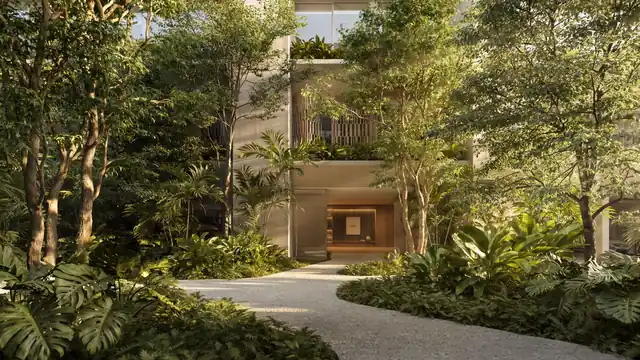 Caminho de acesso entre árvores e jardins, com a edificação ao fundo, Três Figueiras, Porto Alegre