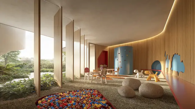 Brinquedoteca com piscina de bolinhas e vista para o jardim, Três Figueiras, Porto Alegre