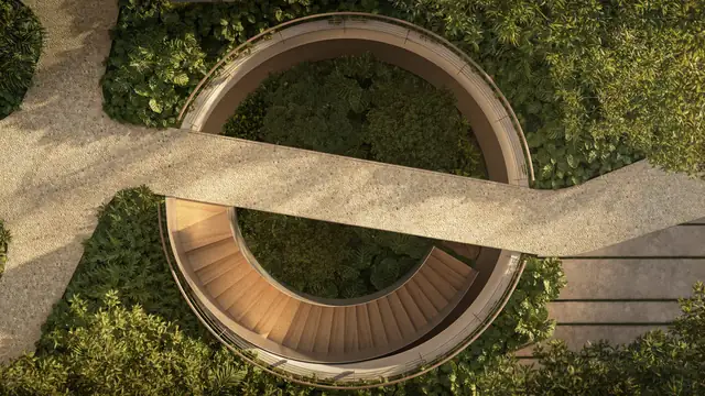 Escada circular vista de cima, entre jardins, Três Figueiras, Porto Alegre
