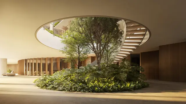 Escada em espiral ao redor de uma árvore, em jardim interno, Três Figueiras, Porto Alegre