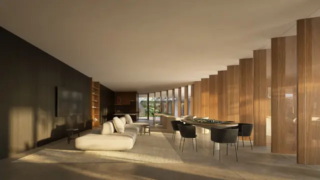 Sala de jogos com estar e mesa, voltada para o jardim, Três Figueiras, Porto Alegre