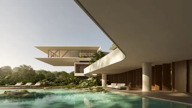 Piscina do lago com os volumes das casas ao fundo, Três Figueiras, Porto Alegre