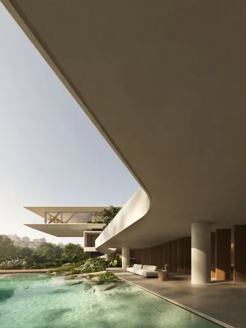 Laje curva sobre piscina de águas claras entre jardins, Três Figueiras, Porto Alegre
