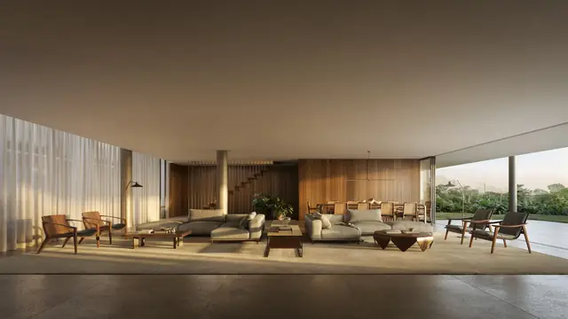 Living amplo com escada e abertura para o jardim ao entardecer, Três Figueiras, Porto Alegre