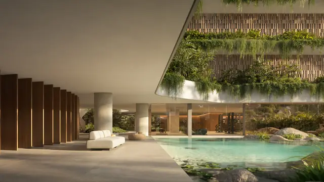 Lounge ao lado da piscina do lago, com jardim suspenso, Três Figueiras, Porto Alegre
