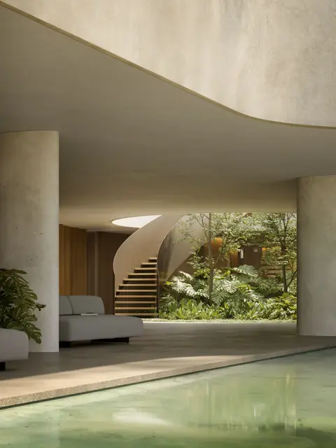 Estar à beira da piscina, com escada em espiral e jardim, Três Figueiras, Porto Alegre