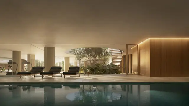 Piscina coberta com espreguiçadeiras e jardim interno, Três Figueiras, Porto Alegre