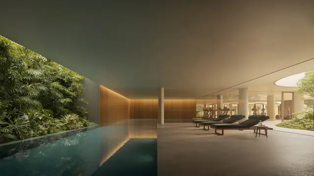 Piscina coberta com parede verde e espelho d'água, Três Figueiras, Porto Alegre