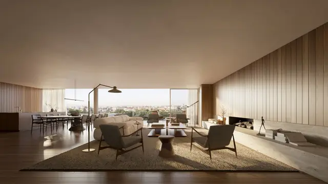 Sala de estar integrada, com painéis de madeira e vista para a cidade, Três Figueiras, Porto Alegre