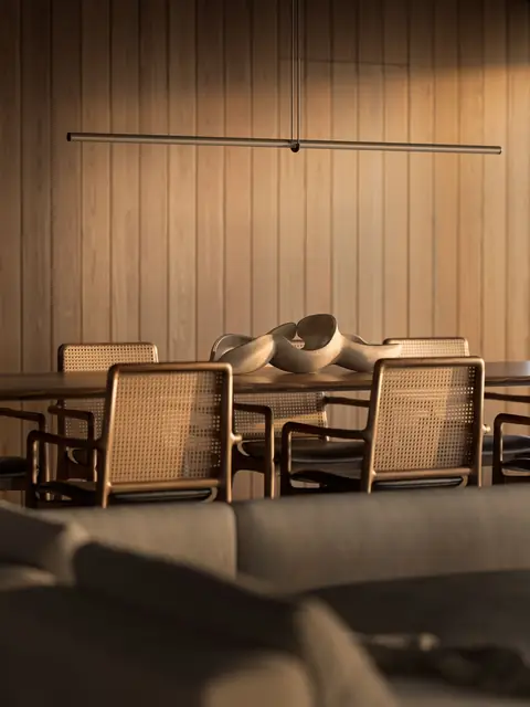 Mesa de jantar com cadeiras de palha e iluminação linear, Três Figueiras, Porto Alegre