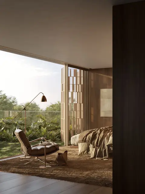 Suíte com poltrona de leitura e abertura para o jardim, Três Figueiras, Porto Alegre