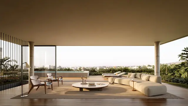 Terraço coberto com sofá, poltronas e vista para a cidade, Três Figueiras, Porto Alegre